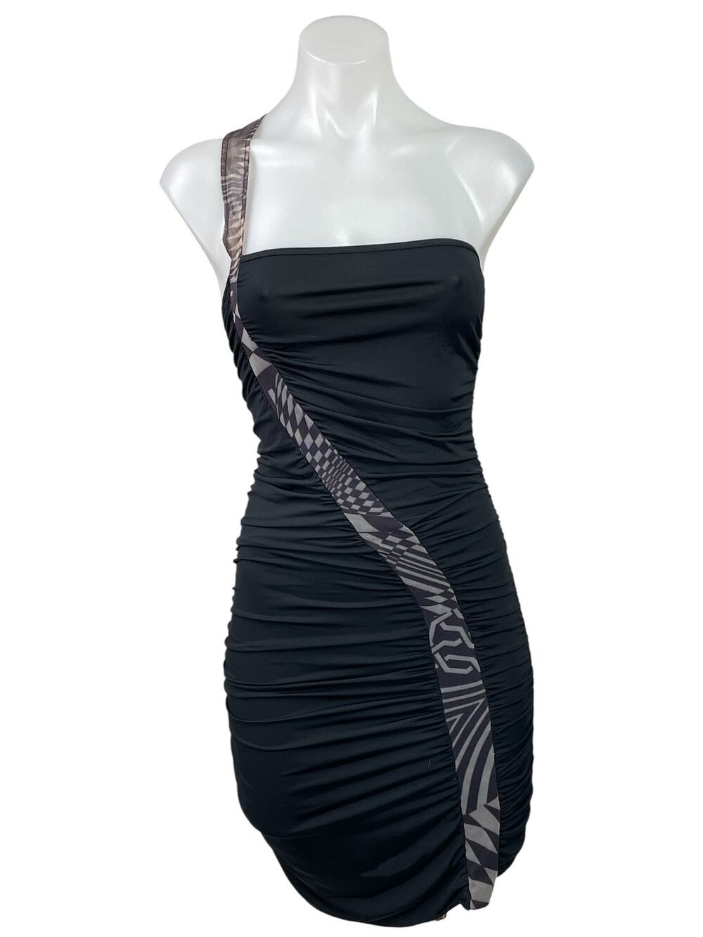 Omar Piragino Black One Shoulder Bandeau Tube Ruched Mini Bodycon Dress Size M